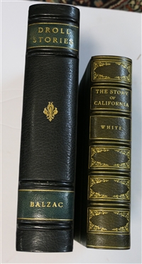 2 Leather Bound Books - "The Story of California" by Steward Edward White - 1937 - The Sun Dial Press, New York - Green Leather Bound with Green Striped Cover and End Pages and "Droll Stories" by...