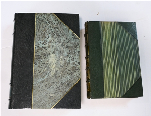 2 Leather Bound Books - The Story of California by Steward Edward White - 1937 - The Sun Dial Press, New York - Green Leather Bound with Green Striped Cover and End Pages and Droll Stories by...