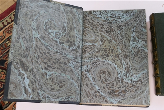 2 Leather Bound Books - The Story of California by Steward Edward White - 1937 - The Sun Dial Press, New York - Green Leather Bound with Green Striped Cover and End Pages and Droll Stories by...