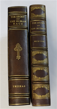 2 Brown Leather Bound Books - "The Story of San Michele" by Munthe - 1936 Illustrated Edition and "The Story of The Human Race" by Thomas - 1937 Garden City Publishing Company 