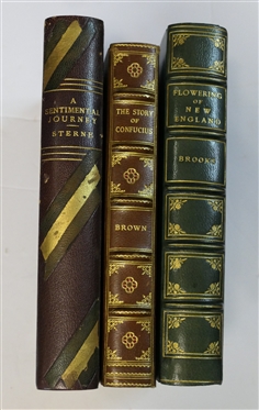 3 Leather Bound Books - "A Sentimental Journey" by Sterne 1937 - Horace Liverite, "The Story of Confucius" by Brown - 1927 David McKay Company, and "Flowering of New England" by Brooks - 1936 -...
