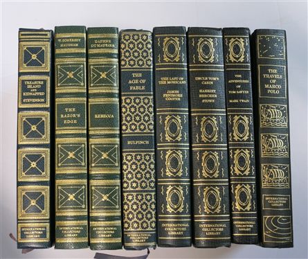 8 Blue and Green International Collectors Library Hardback Books - "The Adventures of Tom Sawyer" "Treasure Island" "The Last of the Mohicans" "Rebecca" "The Razors Edge" "the Age of Fable" "The...