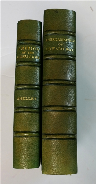 2 Green Leather Bound Books - "America of the Americans" by Shelley - 1915 Charles Scribner & Sons and "The Americanization of Edward Bok" with Illustrations - 1921 - Charles Scribners Sons 
