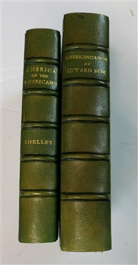 2 Green Leather Bound Books - "America of the Americans" by Shelley - 1915 Charles Scribner & Sons and "The Americanization of Edward Bok" with Illustrations - 1921 - Charles Scribners Sons 