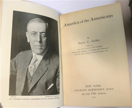 2 Green Leather Bound Books - America of the Americans by Shelley - 1915 Charles Scribner & Sons and The Americanization of Edward Bok with Illustrations - 1921 - Charles Scribner''s Sons 