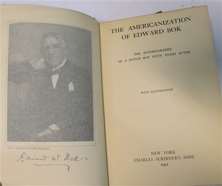 2 Green Leather Bound Books - America of the Americans by Shelley - 1915 Charles Scribner & Sons and The Americanization of Edward Bok with Illustrations - 1921 - Charles Scribner''s Sons 