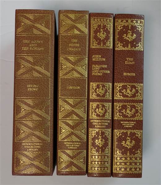 4 Red Hardcover International Collectors Library Books- Red with Gold Lettering - "The Agony and The Ecstasy" "Paradise Lost" "The Iliad" and "The Silver Chalice" 
