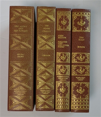 4 Red Hardcover International Collectors Library Books- Red with Gold Lettering - "The Agony and The Ecstasy" "Paradise Lost" "The Iliad" and "The Silver Chalice" 