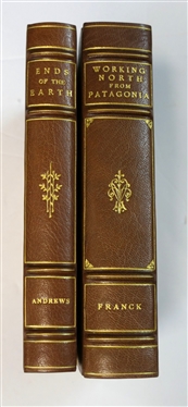 2 Brown Leather Bound Books with Coral Marble Covers - "Ends of the Earth" by Andrews - 1929 and "Working North From Patagonia" by Harry A. Franck - 1921- Grosset & Dunlap 
