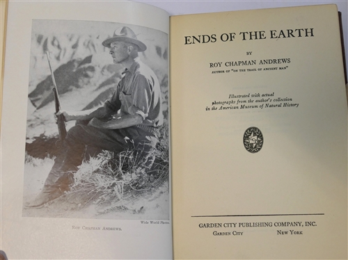 2 Brown Leather Bound Books with Coral Marble Covers - Ends of the Earth by Andrews - 1929 and Working North From Patagonia by Harry A. Franck - 1921- Grosset & Dunlap 