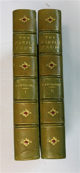 2 Green Leather Bound Hawthorne Books - "The Marble Faun" by Nathaniel Hawthorne - In Two Volumes   - Volumes I & II - 1889 - The Riverside Press 