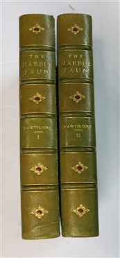 2 Green Leather Bound Hawthorne Books - "The Marble Faun" by Nathaniel Hawthorne - In Two Volumes   - Volumes I & II - 1889 - The Riverside Press 