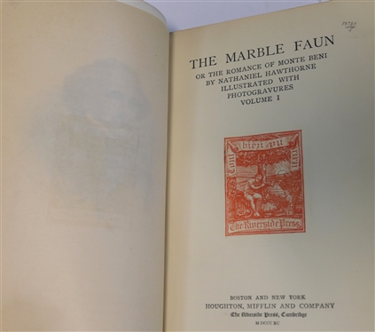 2 Green Leather Bound Hawthorne Books - The Marble Faun by Nathaniel Hawthorne - In Two Volumes   - Volumes I & II - 1889 - The Riverside Press 