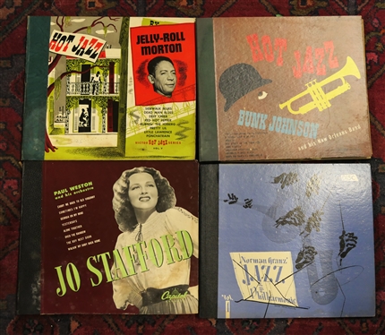 4 Jazz Record Sets  - Jelly-Roll Morton "Hot Jazz" 4 Records, Jo Stafford 4 Records, Norman Granz Jazz at the Philharmonic 3 Records, and Bunk Johnson and His New Orleans Band - "Hot Jazz" 4 Records