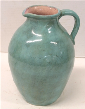 Large 1933 Pisgah Forest Pitcher - Gloss Green Glaze with Pink Interior - 10 1/2 Tall - Stamped on Bottom 