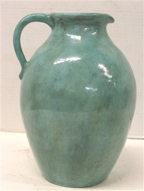 Large 1933 Pisgah Forest Pitcher - Gloss Green Glaze with Pink Interior - 10 1/2 Tall - Stamped on Bottom 