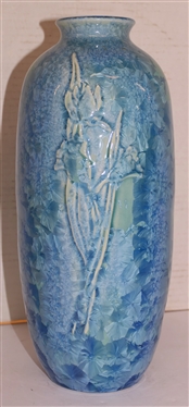 Outstanding Large Phill Morgan Crystalline Pottery Vase with Embossed Iris Flowers - Beautiful Blue Crystalline Glaze - Phil Morgan - Seagrove, NC Pottery - Dated 1996 - Vase is 11 1/2 Tall 