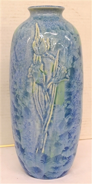Outstanding Large Phill Morgan Crystalline Pottery Vase with Embossed Iris Flowers - Beautiful Blue Crystalline Glaze - Phil Morgan - Seagrove, NC Pottery - Dated 1996 - Vase is 11 1/2 Tall 
