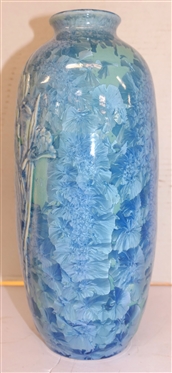 Outstanding Large Phill Morgan Crystalline Pottery Vase with Embossed Iris Flowers - Beautiful Blue Crystalline Glaze - Phil Morgan - Seagrove, NC Pottery - Dated 1996 - Vase is 11 1/2 Tall 