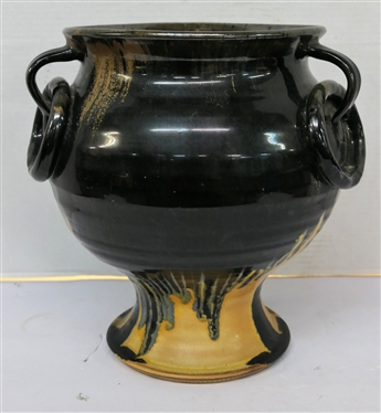 Unusual Large North Carolina Footed Pottery Vessel - 3 Handles with Rings - Black and Yellow Glaze -Attributed to J.B. Cole -  Vessel is 12" tall 9" Across Top Opening 