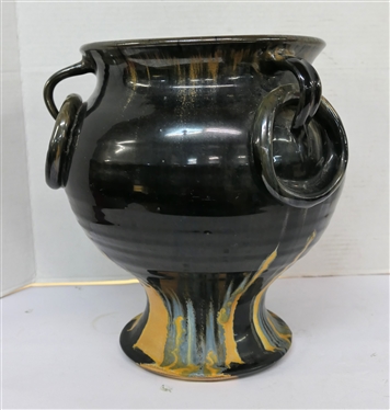 Unusual Large North Carolina Footed Pottery Vessel - 3 Handles with Rings - Black and Yellow Glaze -Attributed to J.B. Cole -  Vessel is 12 tall 9 Across Top Opening 