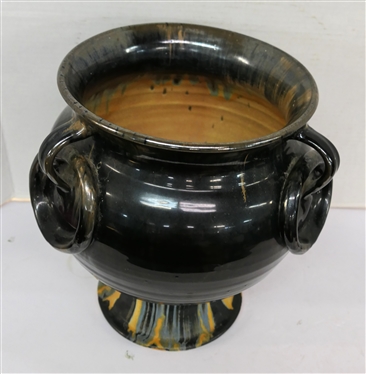 Unusual Large North Carolina Footed Pottery Vessel - 3 Handles with Rings - Black and Yellow Glaze -Attributed to J.B. Cole -  Vessel is 12 tall 9 Across Top Opening 