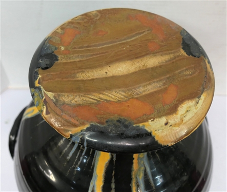 Unusual Large North Carolina Footed Pottery Vessel - 3 Handles with Rings - Black and Yellow Glaze -Attributed to J.B. Cole -  Vessel is 12 tall 9 Across Top Opening 