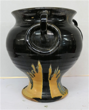 Unusual Large North Carolina Footed Pottery Vessel - 3 Handles with Rings - Black and Yellow Glaze -Attributed to J.B. Cole -  Vessel is 12 tall 9 Across Top Opening 
