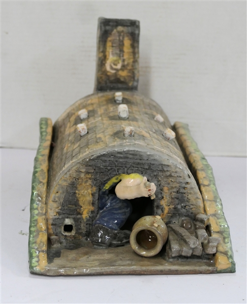 Folk Art Pottery Sculpture of Potter in Kiln - Outstretched Arm with Broken Handle - Incised Friday Dec. 25th 1992  Harold Cox - Pottery By Anita Morgan on Sides - Removable Pegs in Roof -...