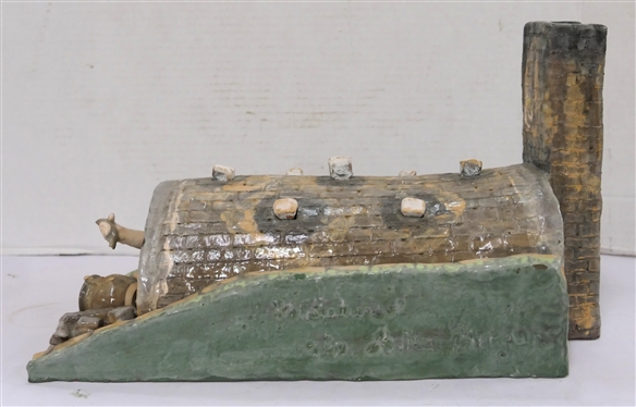 Folk Art Pottery Sculpture of Potter in Kiln - Outstretched Arm with Broken Handle - Incised Friday Dec. 25th 1992  Harold Cox - Pottery By Anita Morgan on Sides - Removable Pegs in Roof -...