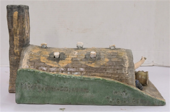 Folk Art Pottery Sculpture of Potter in Kiln - Outstretched Arm with Broken Handle - Incised Friday Dec. 25th 1992  Harold Cox - Pottery By Anita Morgan on Sides - Removable Pegs in Roof -...