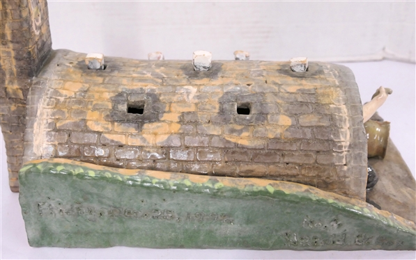 Folk Art Pottery Sculpture of Potter in Kiln - Outstretched Arm with Broken Handle - Incised Friday Dec. 25th 1992  Harold Cox - Pottery By Anita Morgan on Sides - Removable Pegs in Roof -...