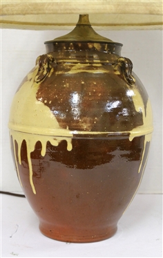 Incredible Master Ben Owen - North Carolina Pottery Table Lamp - Ovoid Shaped Vessel with 4 Loop Handles  - Brown Glaze with Yellow Decoration - Stamped Master Ben Owen on Bottom - Has Always Been...