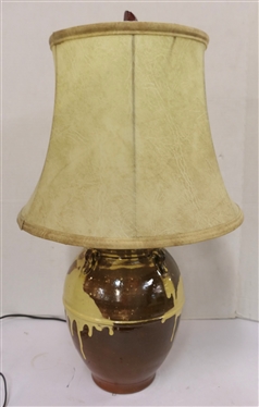 Incredible Master Ben Owen - North Carolina Pottery Table Lamp - Ovoid Shaped Vessel with 4 Loop Handles  - Brown Glaze with Yellow Decoration - Stamped Master Ben Owen on Bottom - Has Always Been...