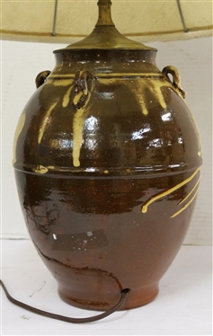 Incredible Master Ben Owen - North Carolina Pottery Table Lamp - Ovoid Shaped Vessel with 4 Loop Handles  - Brown Glaze with Yellow Decoration - Stamped Master Ben Owen on Bottom - Has Always Been...