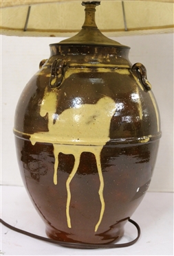 Incredible Master Ben Owen - North Carolina Pottery Table Lamp - Ovoid Shaped Vessel with 4 Loop Handles  - Brown Glaze with Yellow Decoration - Stamped Master Ben Owen on Bottom - Has Always Been...