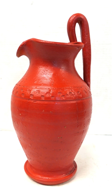 Joe Owen Rebecca Pitcher - Cogglewheel Border - Bright Red Glaze - Unsigned - Attributed to North Carolina Potter Joe Owen - Pitcher is 12" Tall to Top of Handle