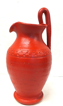 Joe Owen Rebecca Pitcher - Cogglewheel Border - Bright Red Glaze - Unsigned - Attributed to North Carolina Potter Joe Owen - Pitcher is 12" Tall to Top of Handle