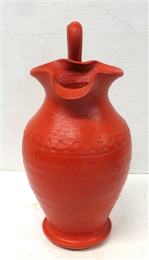 Joe Owen Rebecca Pitcher - Cogglewheel Border - Bright Red Glaze - Unsigned - Attributed to North Carolina Potter Joe Owen - Pitcher is 12 Tall to Top of Handle