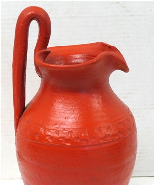 Joe Owen Rebecca Pitcher - Cogglewheel Border - Bright Red Glaze - Unsigned - Attributed to North Carolina Potter Joe Owen - Pitcher is 12 Tall to Top of Handle