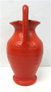 Joe Owen Rebecca Pitcher - Cogglewheel Border - Bright Red Glaze - Unsigned - Attributed to North Carolina Potter Joe Owen - Pitcher is 12 Tall to Top of Handle