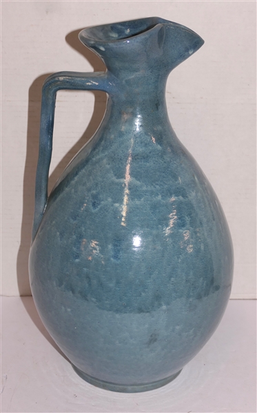 Teagues Pottery Large Blue Glazed North Carolina Pottery Pitcher - Signed Teagues - Robbins, NC - Non Food - F. Craven - Pitcher is 16" Tall 
