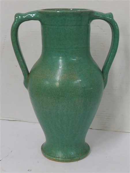 Large Turquoise Green Double Handled Vase - North Carolina Pottery Attributed To J.B. Cole - 13 1/2" Tall 