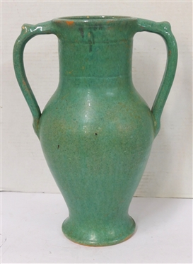 Large Turquoise Green Double Handled Vase - North Carolina Pottery Attributed To J.B. Cole - 13 1/2 Tall 
