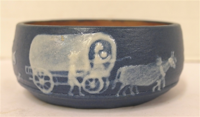 Blue Cameo Pottery Bowl -Covered Wagon Scene and Stephen 1959 -   - Marked Cameo Stephen Long Arden, NC on Bottom - Bowl 2 1/4" Tall 5" Across
