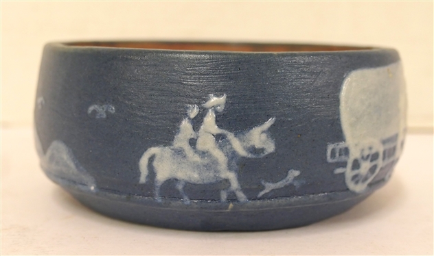 Blue Cameo Pottery Bowl -Covered Wagon Scene and Stephen 1959 -   - Marked Cameo Stephen Long Arden, NC on Bottom - Bowl 2 1/4 Tall 5 Across