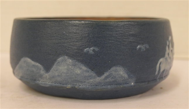 Blue Cameo Pottery Bowl -Covered Wagon Scene and Stephen 1959 -   - Marked Cameo Stephen Long Arden, NC on Bottom - Bowl 2 1/4 Tall 5 Across