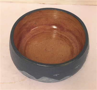 Blue Cameo Pottery Bowl -Covered Wagon Scene and Stephen 1959 -   - Marked Cameo Stephen Long Arden, NC on Bottom - Bowl 2 1/4 Tall 5 Across