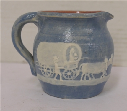 Light Blue Cameo Pottery Creamer  - Covered Wagon Scene - Cameo Stephen Long Pines - Arden, NC on Bottom - Cream Pitcher is 3 1/4" Tall 3" Across 