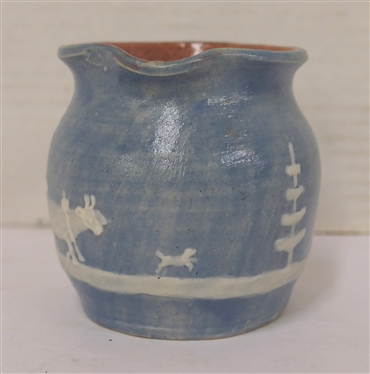 Light Blue Cameo Pottery Creamer  - Covered Wagon Scene - Cameo Stephen Long Pines - Arden, NC on Bottom - Cream Pitcher is 3 1/4 Tall 3 Across 